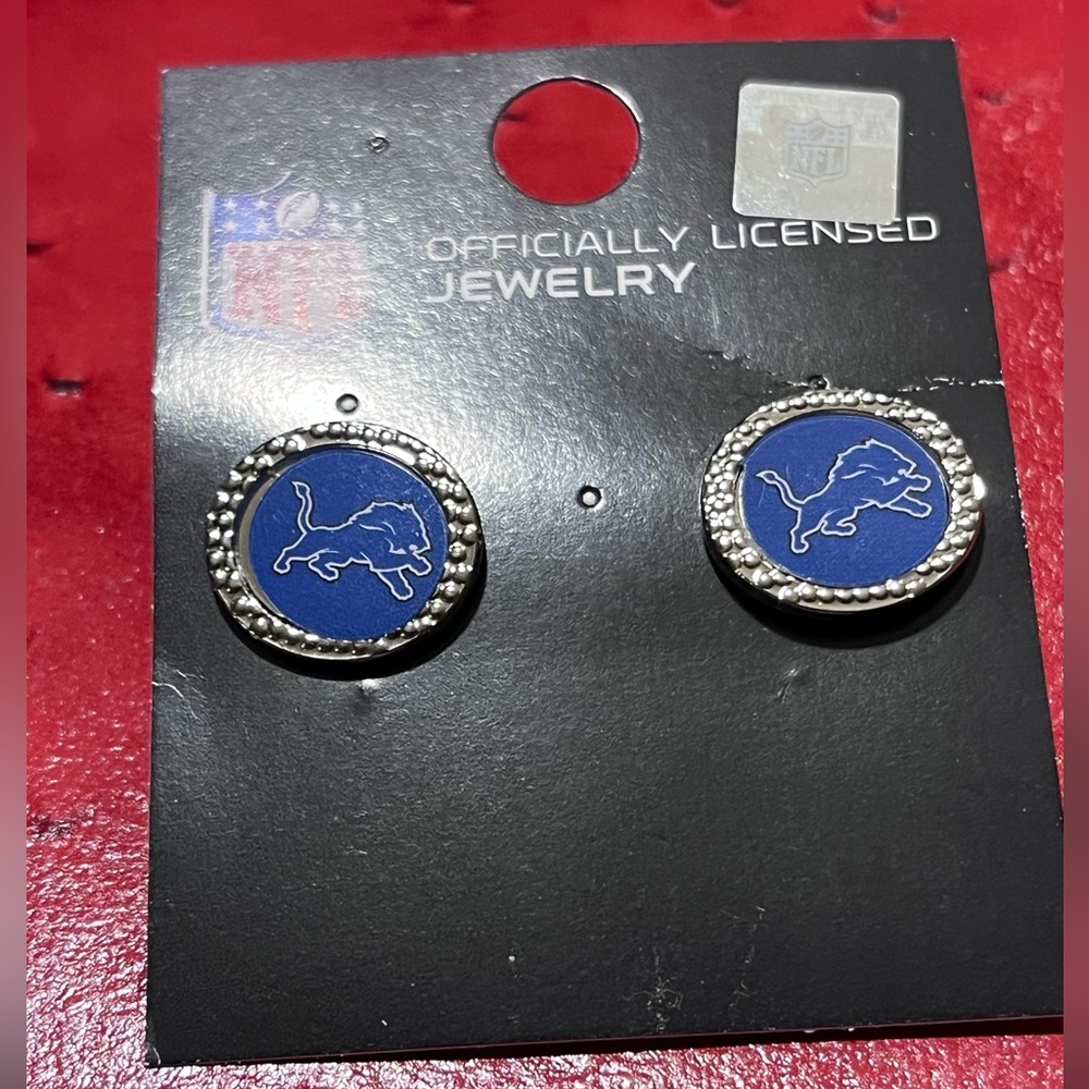 NFL NWT Authentic Licensed Detroit Lions blue silver-tone round round earrings